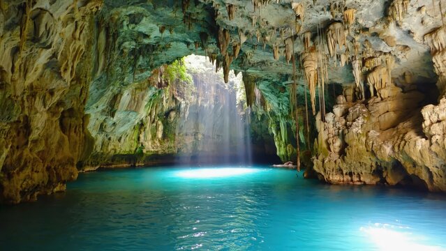 Dramatic underground cave lake with stalactites, cascading waterfall, and turquoise water, showcasing a stunning natural wonder and adventure.