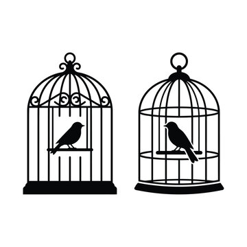 Birdcages with perching birds are depicted as a black silhouette