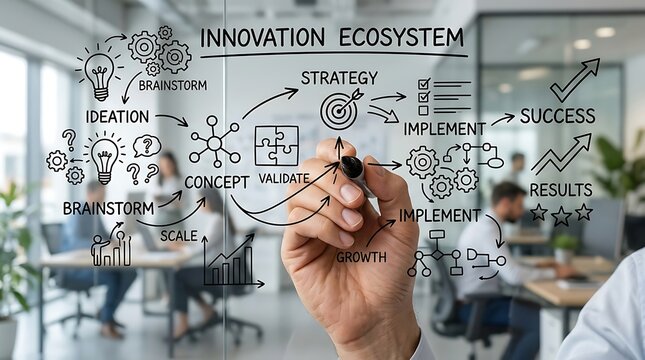 Business professional drawing an innovation ecosystem diagram on a glass office wall.