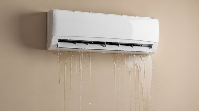 A leaking air conditioner mounted on a beige wall, with water dripping and creating stains below.