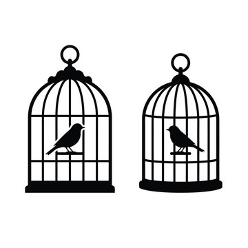 Two birdcages with birds inside black silhouette