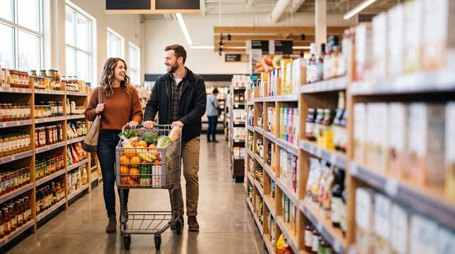 Couple shopping for groceries in a supermarket aisle, everyday lifestyle and consumerism