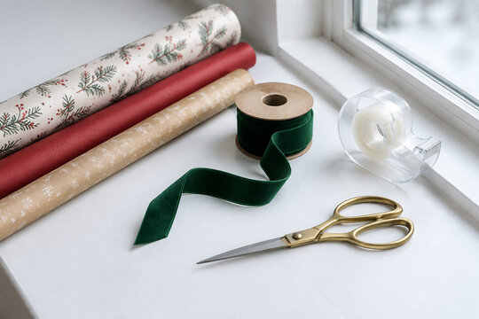 Gift wrapping supplies on window ledge, festive craft and holiday preparation concept