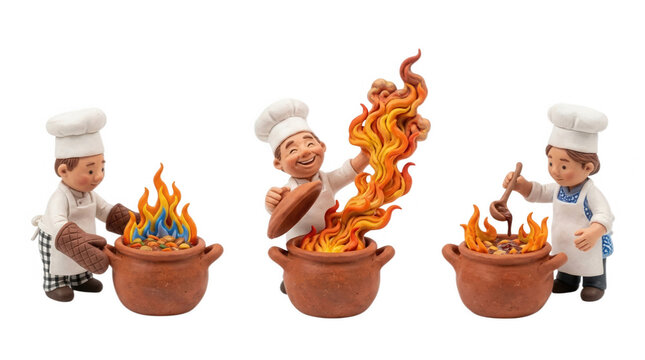 Three animated chefs preparing meals with vibrant flames in bright clay pots