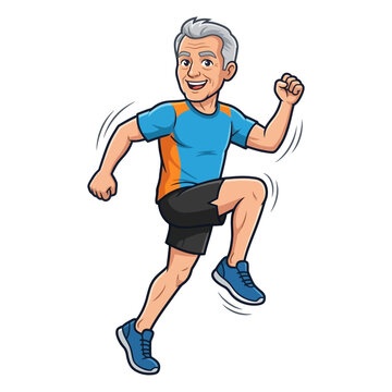 Cartoon senior man running, colorful vector fitness character illustration, active older adult jogging exercise graphic for wellness ads