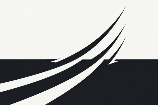 Strong upward-sweeping curved lines breaking through a calm horizontal plane in high contrast.