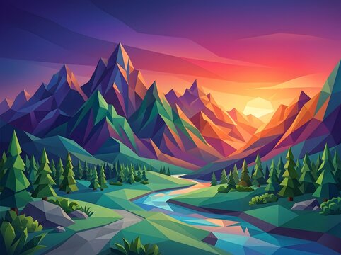 Colorful low poly mountain landscape with a flowing river at sunset