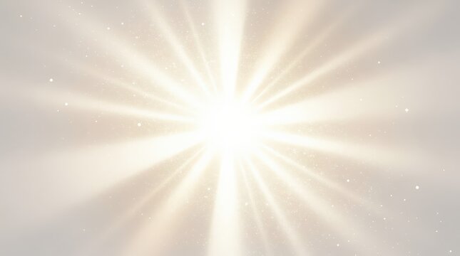 Bright white light radiates from the center with soft rays and sparkles on a pale beige background, creating a glowing, ethereal effect.