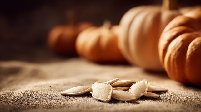 Bowl with raw pumpkin seeds on a rustic black table. Small orange pumpkins. selective focus