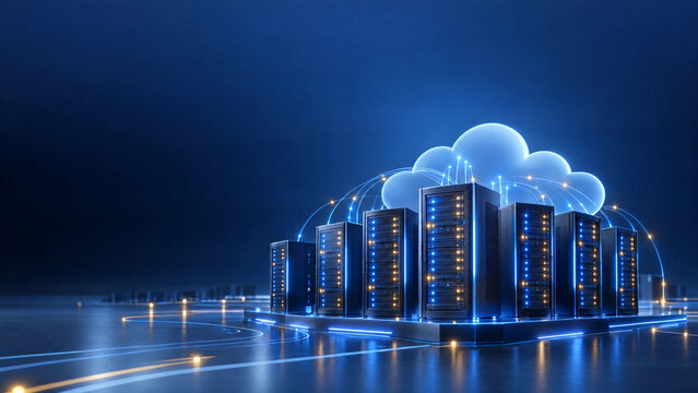 Miniature data center with glowing server towers under a cloud on a dark blue background