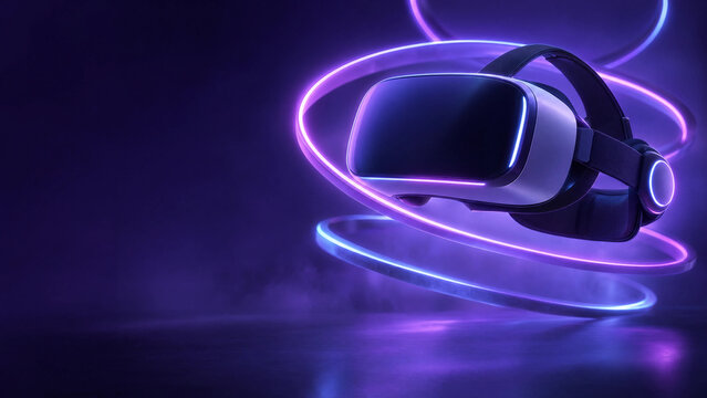 Virtual reality headset floating among glowing neon rings on a dark purple background