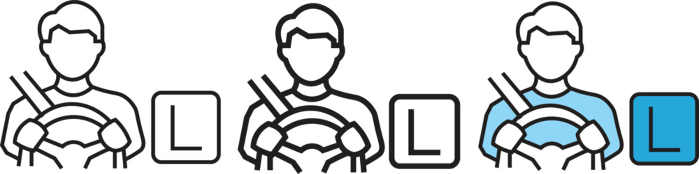 Learner Driver with L Plate & Seatbelt Icon set vector on White Background.