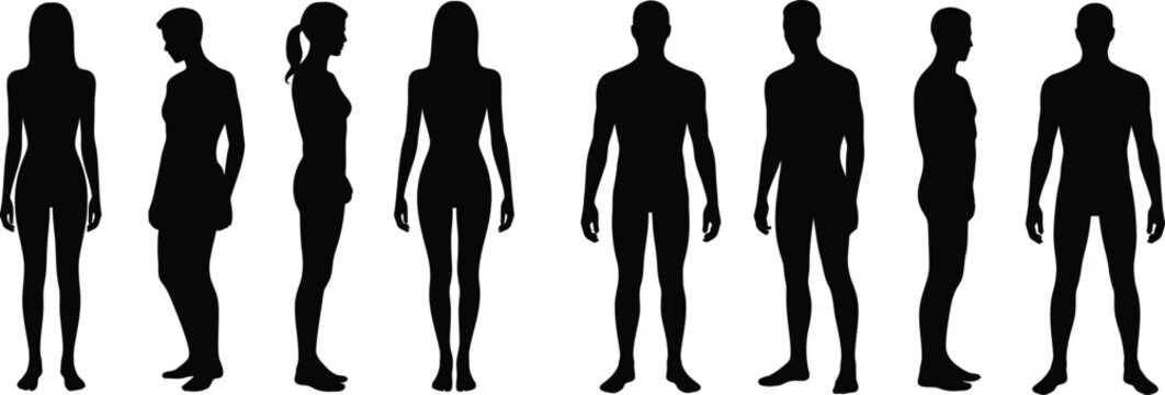 Eight full body human silhouettes standing in different poses, including front and side views, isolated on a plain white background, for reference