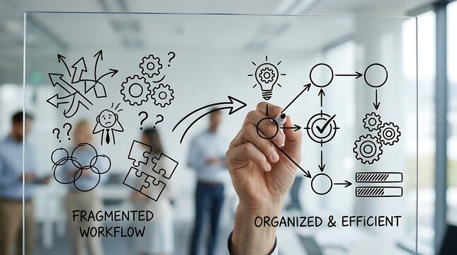 Business professional drawing a diagram on a glass wall to improve workflow and efficiency.