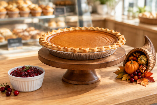 Pumpkin pie with cranberry sauce and miniature cornucopia on wooden stand, Thanksgiving Day dessert