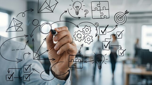Business person drawing a creative strategy plan on a glass wall in the office.