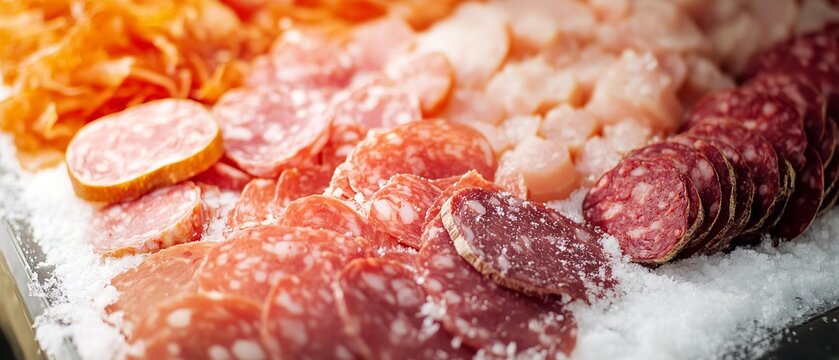 Food tray with delicious salami, pieces of sliced ham, sausage and salad. Meat platter with selection.