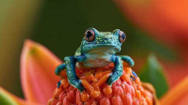 Colorful tropical frog perched on a vibrant exotic flower, detailed skin texture, blurred jungle background