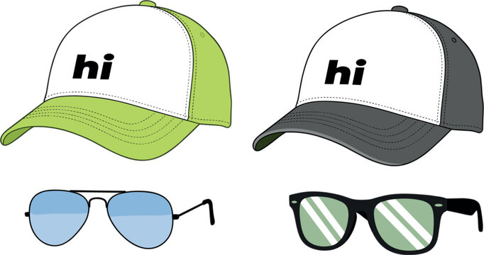 Summer Fashion Accessory Vector Set with Green and Grey Trucker Hats, Aviator Sunglasses, and Retro Eyewear Elements for Casual Apparel Graphic Design