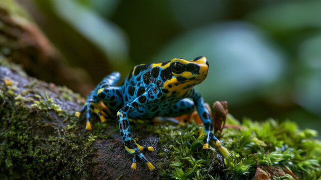 Colorful poison dart frog crawling across a mossy branch, vivid blue and yellow patterns, tropical jungle