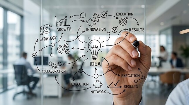 Business professional drawing a creative strategy flowchart on a clear glass office wall.