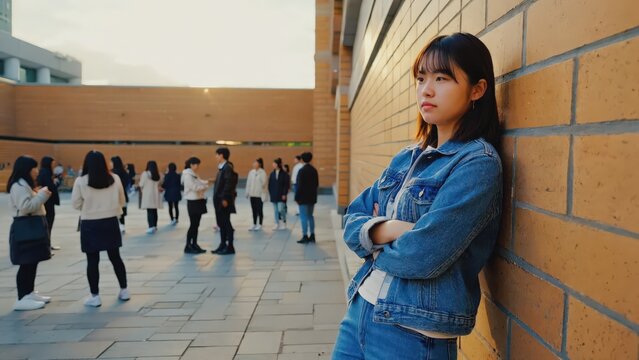 Teenager Leaning Against Wall, Observing Group of Students in School Courtyard &ndash; Isolation and Social Dynamics Concept.
