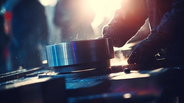 Worker manipulates metal disc under bright, focused light