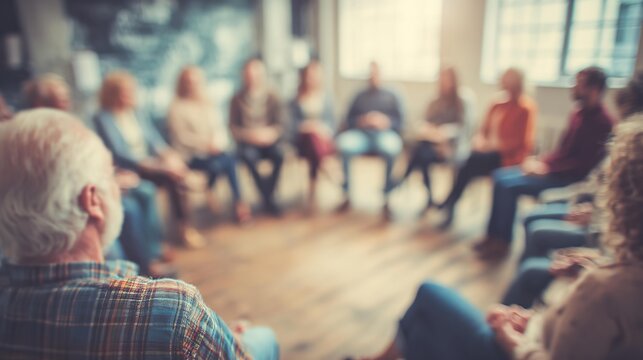 Diverse people seated in circle participating at group therapy session