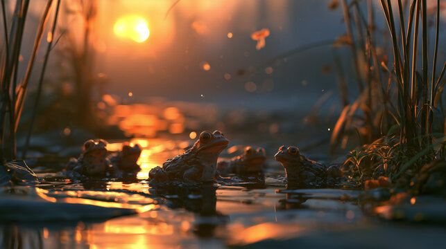 Group of small frogs gathered around a pond at sunset, warm reflections on the water, peaceful atmosphere