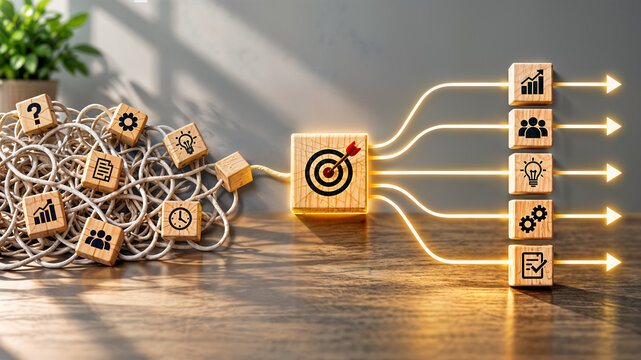Conceptual business strategy showing tangled mess transforming into clear goals and organized success