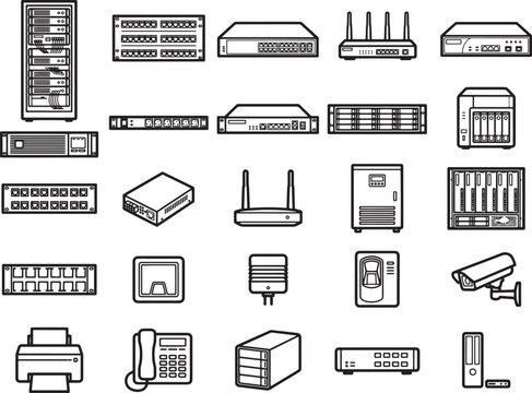 A collection of network and computer equipment, including servers, routers, and security cameras, illustrated in a clean, minimalist outline style.