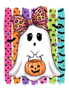 Cute Halloween girl ghost with leopard print bow and pumpkin bucket illustration