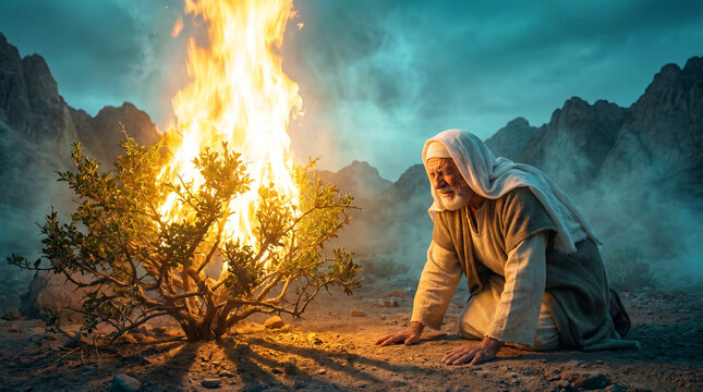 Burning bush where Moses speaks to God, biblical scene, non-consuming fire, holy ground, Exodus. Moses is kneeling.