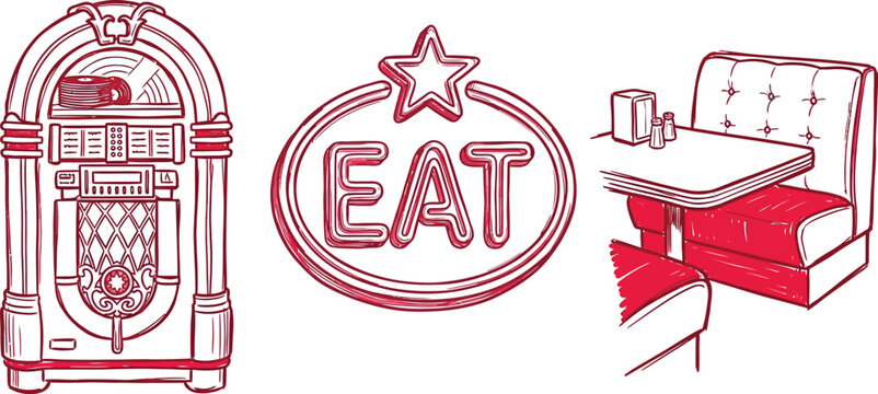 Retro diner jukebox eat sign and booth seating set for classic restaurant themes.