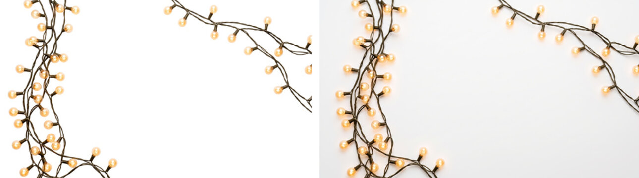 String lights with warm glowing bulbs forming a decorative border frame is PNG isolated on transparent background for commercial graphic design use