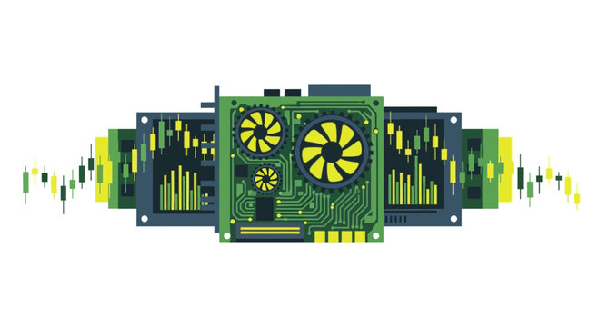 GPU Mining and Financial Trading Illustration with Candlestick Charts and Circuitry