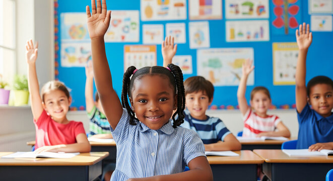 Happy African American schoolgirl eagerly raising her hand in classroom perfect for brilliant educational concepts and active student learning