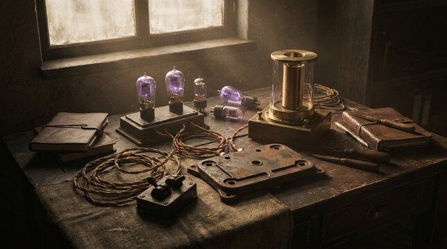 Vintage electrical experiment setup with glowing violet vacuum tubes, a copper coil device, switch, and old notebooks on a rustic wooden table.
