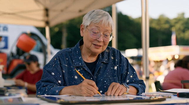 Astrologer at a county fair sharpening a pencil before annotating a natal chart at a canvas booth, protective UV-filter reading glasses worn throughout, steam cleaning equipment