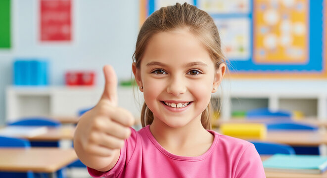 Happy beautiful schoolgirl approving with thumbs up in vibrant classroom perfect for outstanding primary education and brilliant childhood success