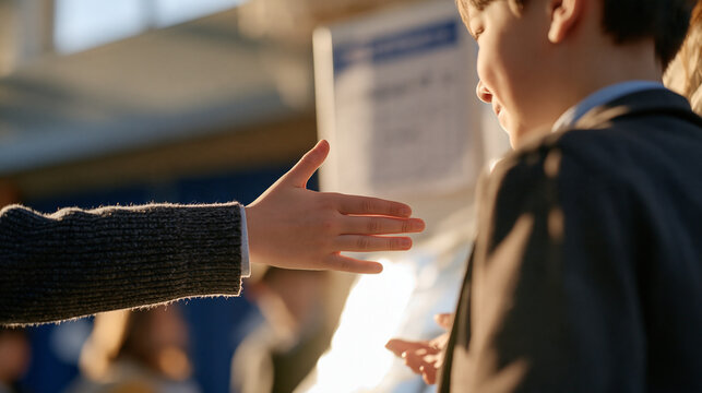Children science fair contestant sincerely apologizing to a young peer over a collapsed display at golden hour in a school gymnasium, a wall calendar marked with the competition