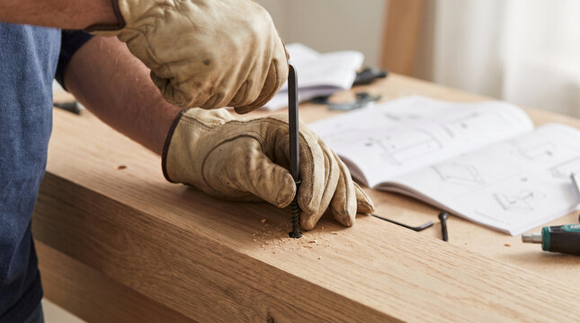 Hands using an Allen wrench to assemble wooden flat-pack furniture.