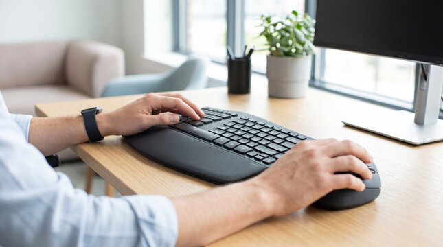 Hands typing on a modern ergonomic keyboard in an office.