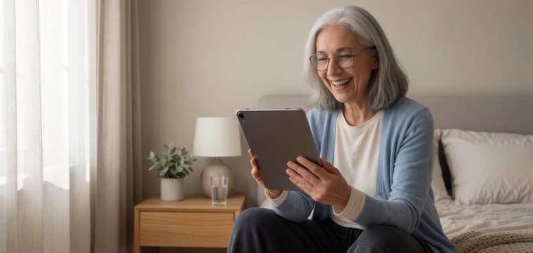 Joyful senior woman using a tablet at home, smiling brightly while engaging with digital healthcare or entertainment in a bright bedroom setting.