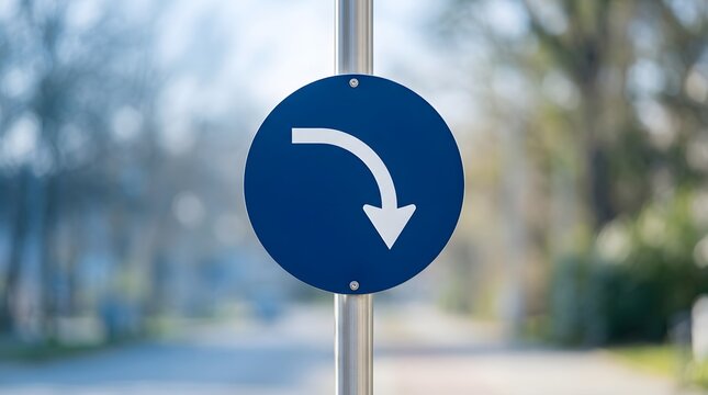 Blue circular traffic sign indicating curve to the right, road directional symbol on pole90