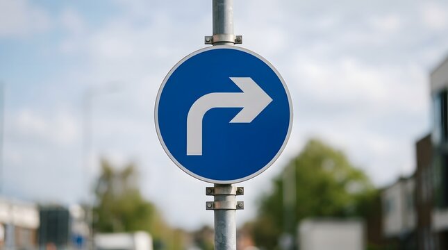 Blue circular traffic sign indicating a mandatory right turn ahead on a metal pole blue circle