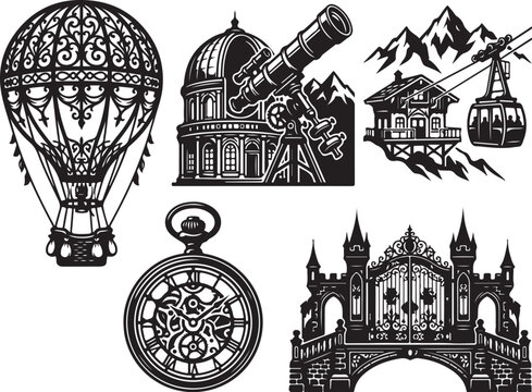 Vintage steampunk vector set, ornate hot air balloon and pocket watch illustrations, retro observatory and mountain cable car icons, black and white travel graphics