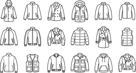 Set of various mens jackets and coats, including parkas, bombers, leather jackets, windbreakers, and vests, line art icons © Mst