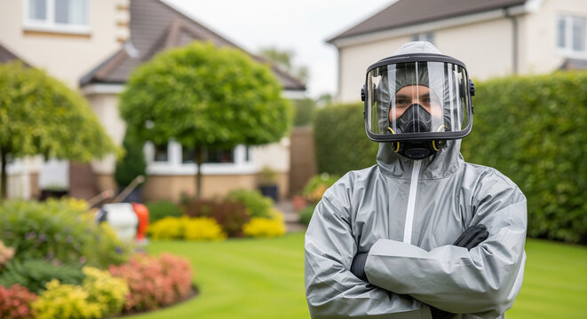 Pest control specialist fully equipped with protective biohazard suit outside a beautiful home perfect for residential sanitization safety campaigns