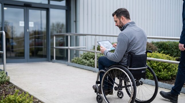 Engineer reviewing a site diagram at an accessible nuclear facility entrance